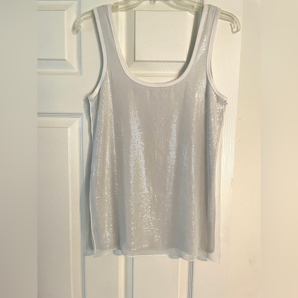 Bailey 44 white chiffon over silver sequined tank top